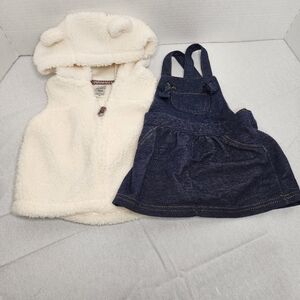 6 month Cozy Cream Hooded Vest and Denim Dress Bundle